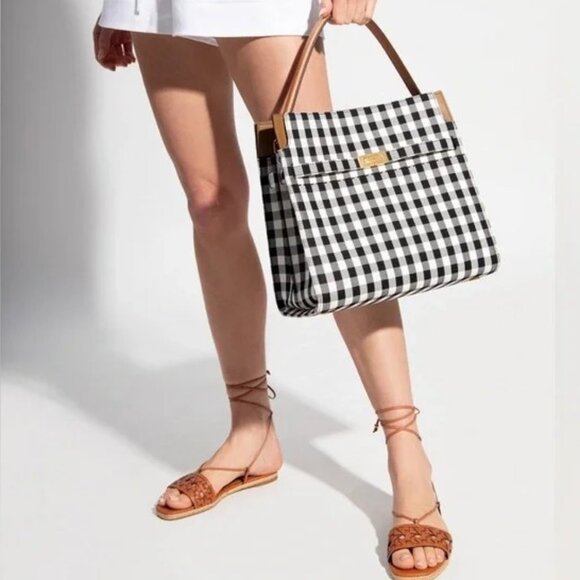NWT Tory Burch Lee Radziwill Double Bag – Black/Ivory Gingham Canvas Satchel - Picture 2 of 15